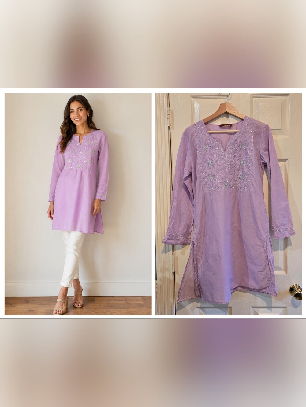 100% Cotton Tunic Lavender Dress Silver Embroidery Boho Beach Cover Up M